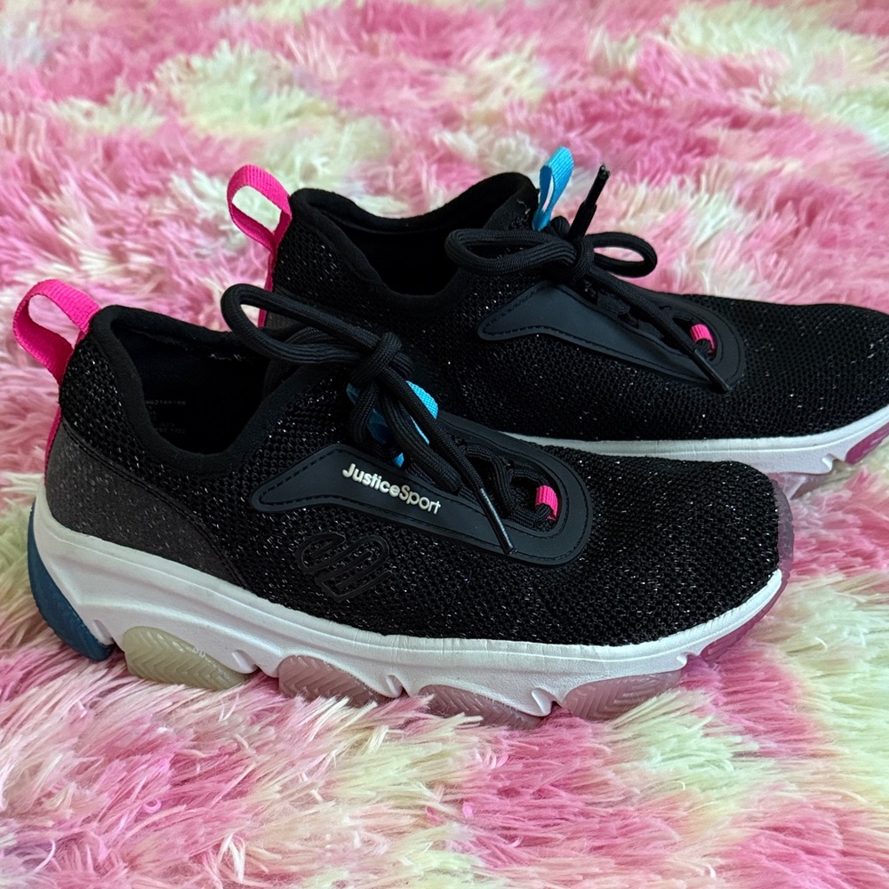 Justice Black Sneakers with Pink and Blue Highlights